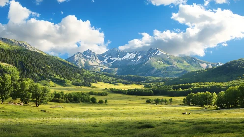 Photorealistic alpine meadow panorama with receding ridgelines.