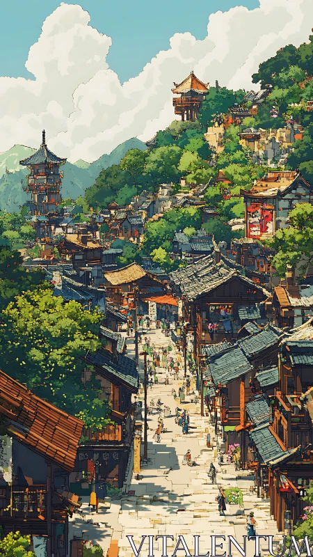 Sunlit hillside street in detailed traditional townscape.