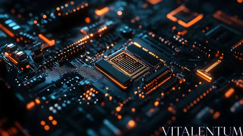 Glowing central processor illuminates dense futuristic circuit