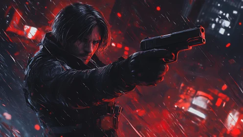 Armed figure aiming handgun in red lit rainy cityscape.