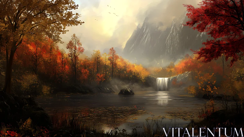 Autumn forest lake with misty mountains and waterfall.