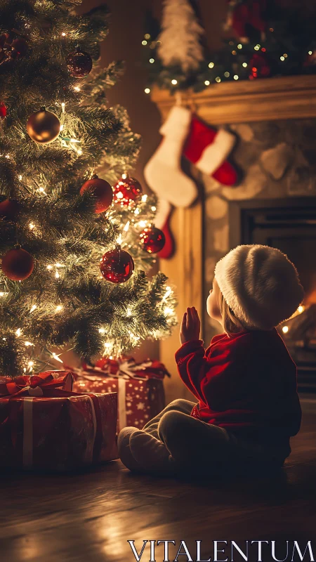 Tiny dreamer trades whispers with a glowing Christmas tree