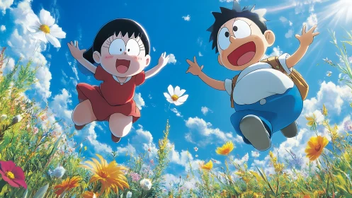 Joy-splashed anime kids soaring above a wildflower skyfield.