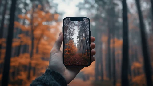 Hand-held smartphone capturing autumn forest pathway with depth-layered bokeh
