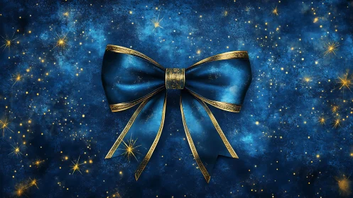 Blue satin bow with gold trim on starry textured backdrop