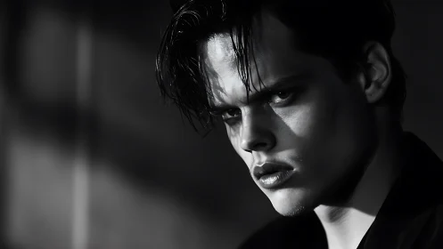 Monochrome cinematic portrait with hard side lighting study.