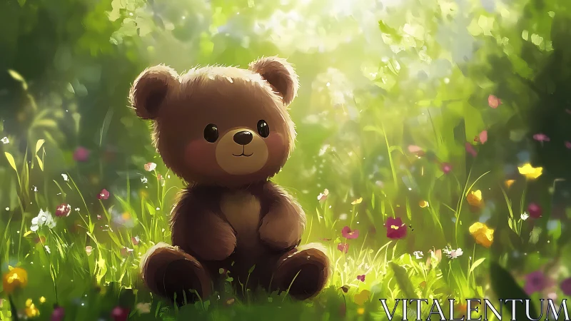 Cute brown teddy bear sitting in a bright flower meadow.