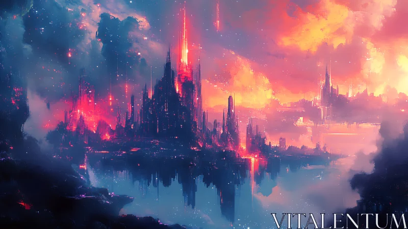 Neon citadel adrift in mirrored dusk and ember clouds.