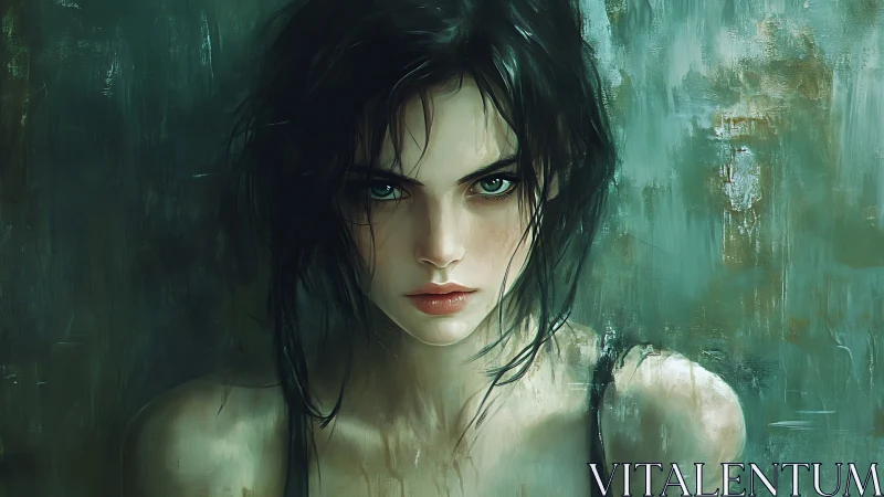 Intense teal portrait of wet haired woman in painterly focus