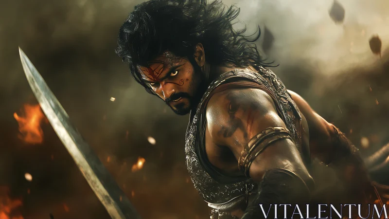 Battle-scarred warrior poised amid cinematic firestorm.