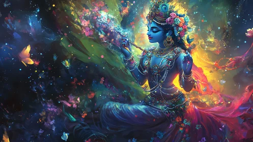 Digital depiction shows blue-skinned adorned figure amid light