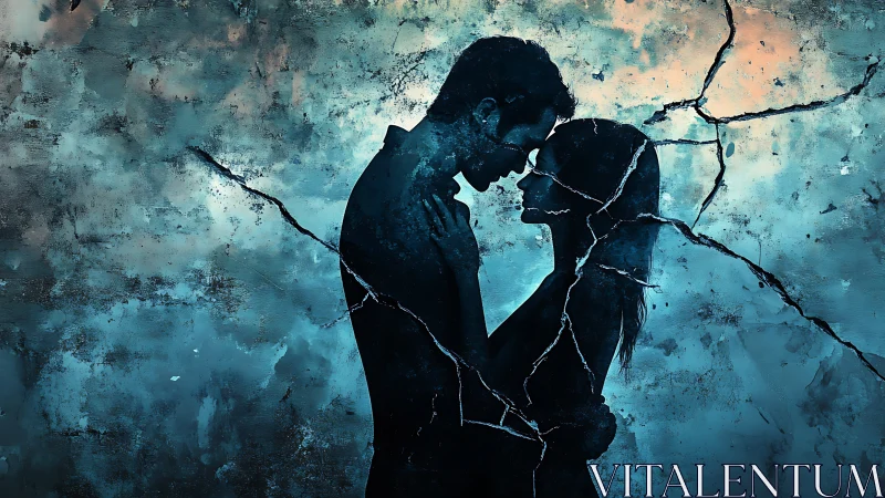 Silhouetted Figure Pair with Fractured Architectural Elements Against Textured Gradient