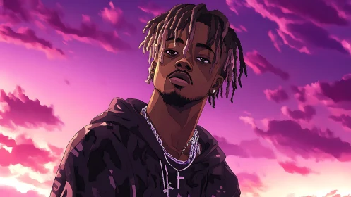 Cel-shaded portrait of hooded man under magenta gradient sky