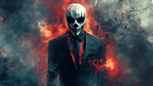 Flaming skull-headed figure in suit framed by dense volumetric smoke