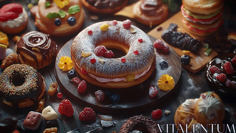 Ring pastry with assorted donuts and fruit on dark surface.