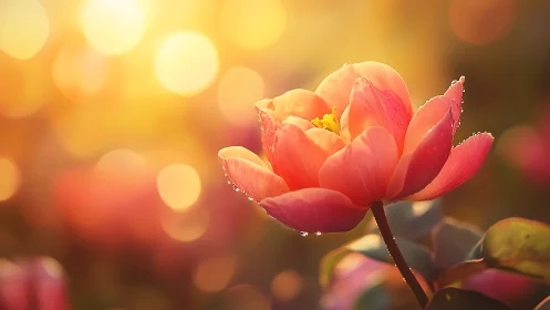 Coral-toned flower with water droplets against diffused warm background