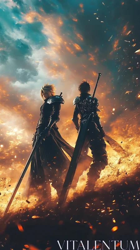Digital painting of dual swordsmen in cinematic inferno field.