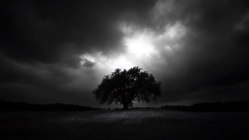 Lone storm-watcher tree drinking moonlit grayscale sky.
