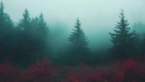 Misty Alpine Coniferous Forest with Atmospheric Layering and Burgundy Understory Vegetation