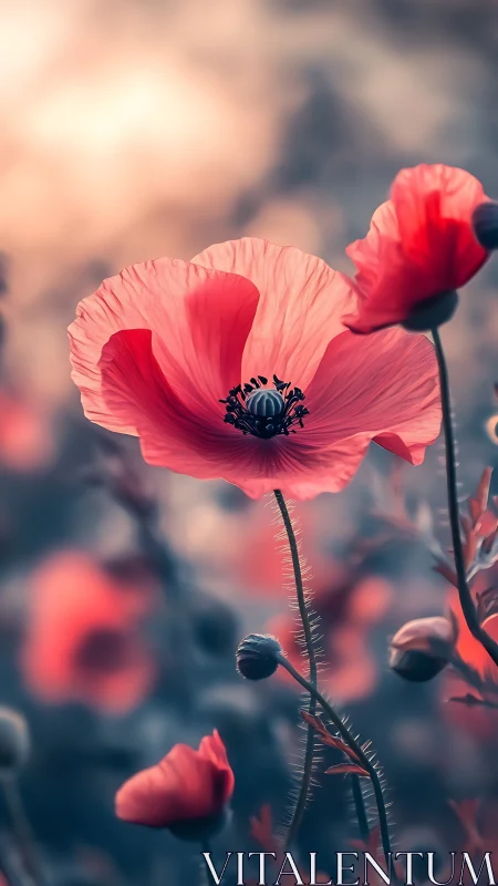 Pink Poppies Bloom in Soft Focus Light.
