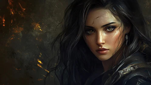 Fierce warrior portrait against dark ember-scorched backdrop.