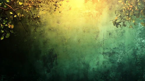 Sunlit foliage frames textured green wall gradient