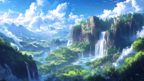 Expansive fantasy valley with towering cliffs and waterfalls.