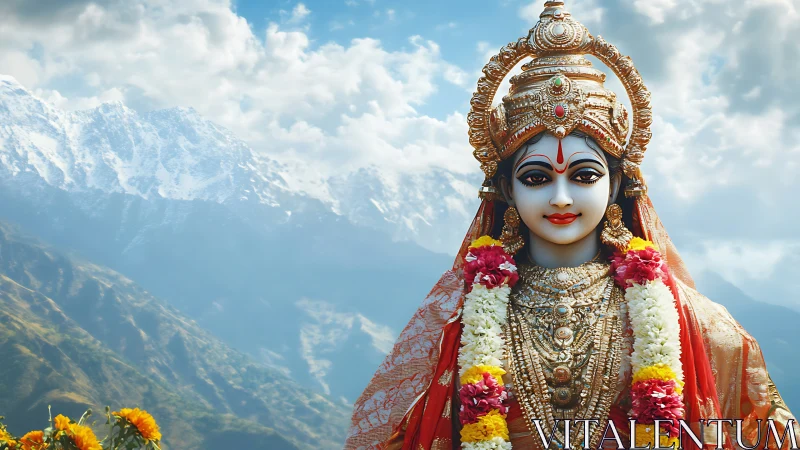 Deity statue in ornate garlands before Himalayan mountain range