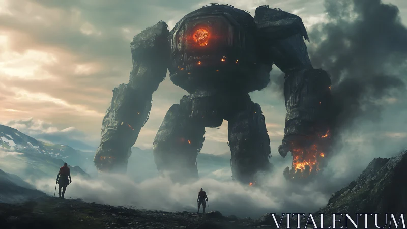 Colossal lava-powered war mech confronting lone mountain figures