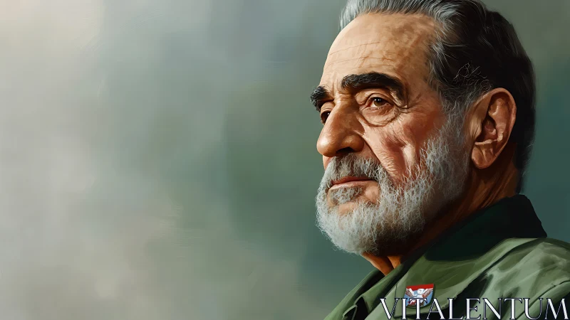 Older bearded man in uniform against soft blurred background.