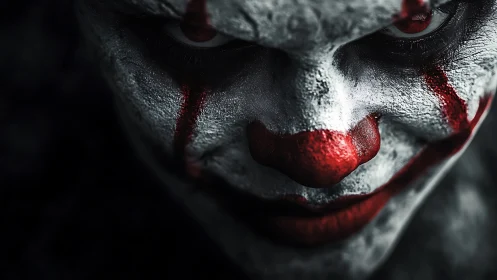 Sinister clown face fills frame under harsh dramatic lighting