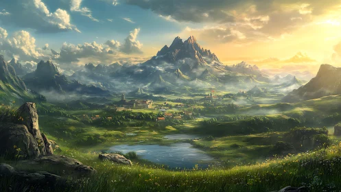 Digital painting landscape with luminous alpine kingdom vista.