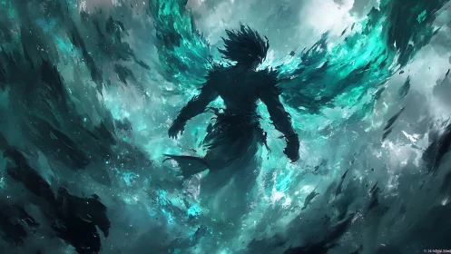 Silhouetted figure within teal energy and abstract motion.