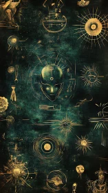 Golden astro-mystic schematic maps celestial symbols on teal field