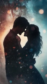 Two souls drift through luminous void, hearts eclipsing light.