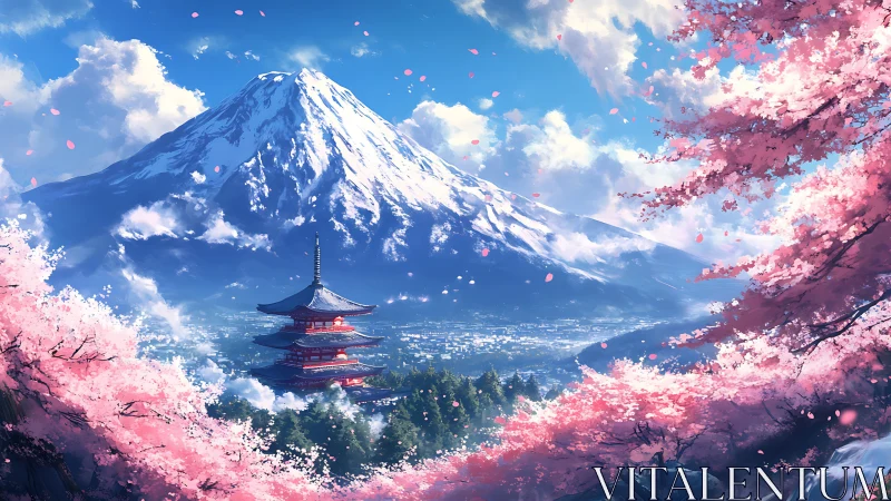Snowy mountain overlooks pagoda and cherry blossom valley