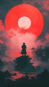 Lone samurai silhouette stands beneath colossal red sun