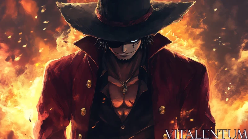 Scarred outlaw in red coat emerging from blazing inferno.