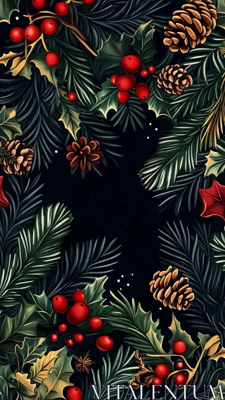 Festive evergreen frame with holly, berries, and pinecones.