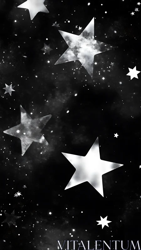 Monochrome star shapes are distributed across a dark field