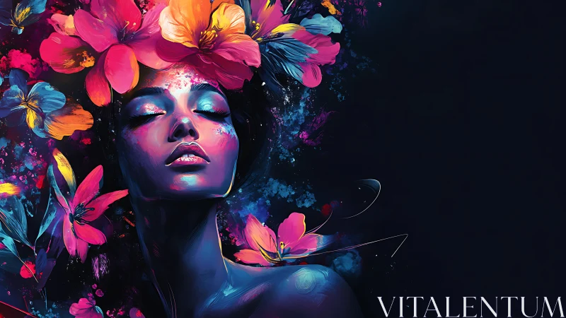 Neon bloom goddess drifting through midnight color storms.