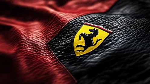 Automotive crest on textured black and red leather surface.