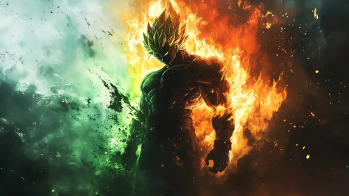 Fiery warrior silhouette splits emerald and inferno energy