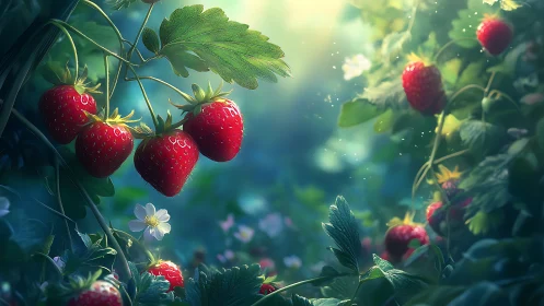 Rendered strawberry plants hang in soft, directional daylight