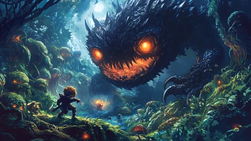 Child warrior confronts colossal ember-eyed forest monster