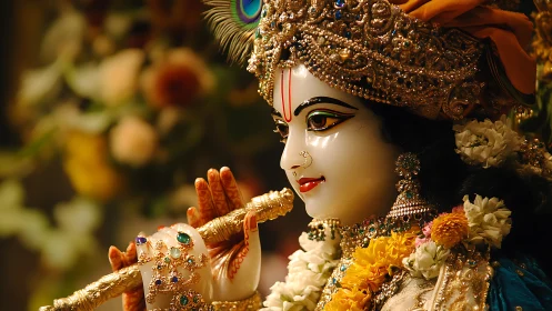 Flute crowned with jewels whispers through a serene deity