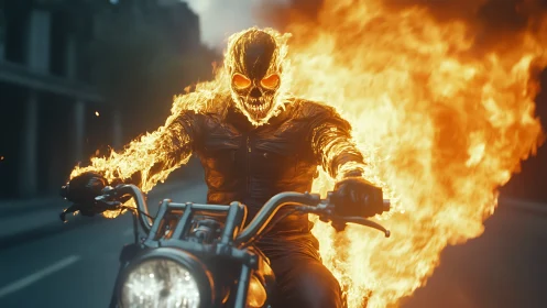 Fiery skull rider on motorcycle in dark urban street.