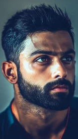 Photorealistic close-up male portrait with cinematic side lighting.