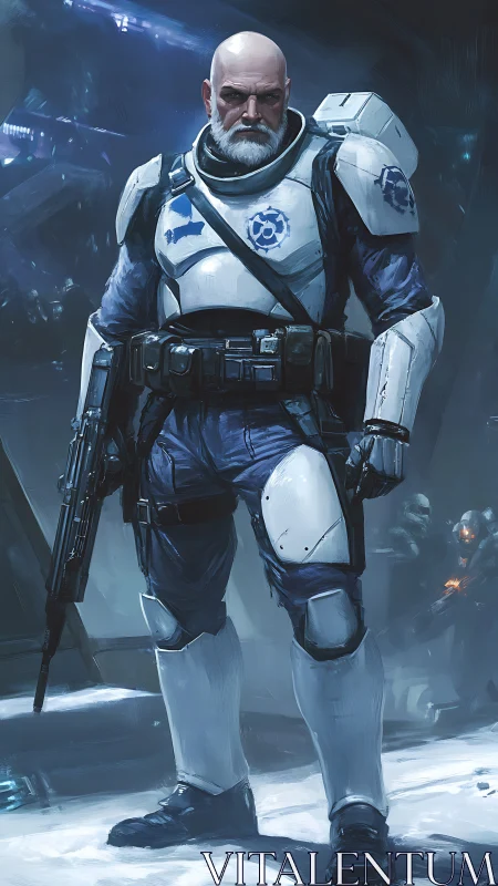 Veteran sci fi commando in reinforced white combat exosuit