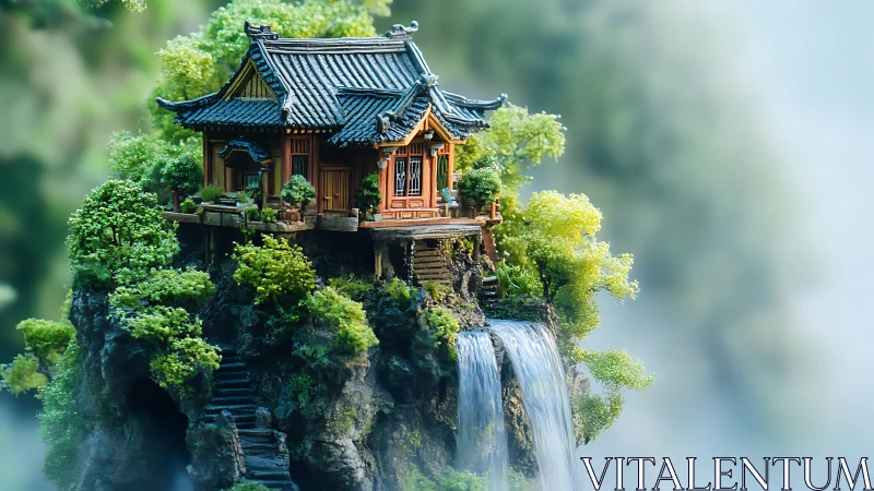 Cliffside pagoda retreat above cascading twin waterfalls.